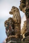 Statue Of A Lion On St. George's Fountain In Rothenburg Ob Der T Stock Photo