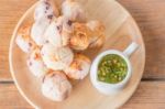 Squid Grilled Ball On Wooden Plate Stock Photo