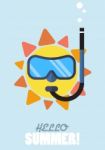 Hello Summer With The Sun Wearing A Diving Mask And Snokel Stock Photo