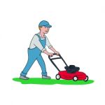 Gardener Mowing Lawn Cartoon Stock Photo