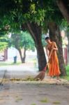 Ayuthaya Thailand : March 28 : Thai Buddhist Monk Daily Cleaning Stock Photo
