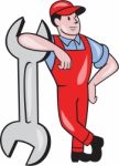 Mechanic Leaning On Spanner Wrench Cartoon Stock Photo