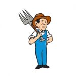 Farmer Pitchfork Shoulder Standing Cartoon Stock Photo