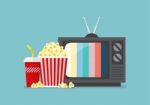 Popcorn Snack And Drink With Retro Television Stock Photo