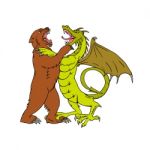 Chinese Dragon Fighting Grizzly Bear Drawing Color Stock Photo