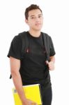 Boy Student Standing With Backpack Stock Photo