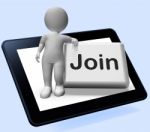 Join Button Tablet Shows Subscribing Membership Or Registration Stock Photo