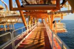 Gangway Or Walk Way In Oil And Gas Construction Platform, Oil And Gas Process Platform, Remote Platform For Production Oil And Gas, Construction In Offshore Stock Photo