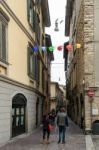 Flying Fish Across A Street In Citta Alta Bergamo Stock Photo