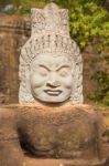 Statue Of Ancient Khmer Warrior Head At Angkor Wat Stock Photo