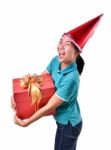 Woman Smile And Hold Gift Box In Hands Stock Photo