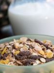 Muesli Breakfast Indicates Cereal Natural And Milk Stock Photo