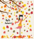 A Girl Enjoying Colourful Fall Leaves Under Dry Tree In Autumn Season, Wind Blow With Hello Autumn Word Stock Photo