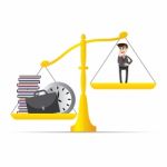 Cartoon Businessman And Lot Of Work On Balance Scale Stock Photo