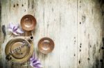 Tea Cups With Teapot On Old Wooden Table. Top View Stock Photo