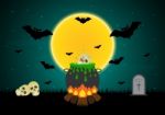 Halloween Witch Cauldron Bat Skull Gravestone  Stock Photo
