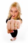 Smiling Female Showing Fist Stock Photo