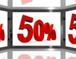 50 On Screen Showing Discount On Televisions And Price Reduction Stock Photo