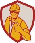 Construction Worker Thumbs Up Shield Retro Stock Photo