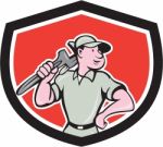 Plumber Holding Wrench Shield Cartoon Stock Photo
