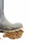 Black Rubber Boot And Soil On White Stock Photo