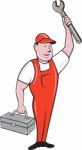 Mechanic Raising Wrench Holding Toolbox Cartoon Stock Photo