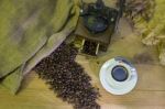 Cup Of Coffee, Coffee-beans, Coffee Grinder, Coffee Sack	 Stock Photo