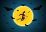 Halloween Witch Broom Moon Bat  Stock Photo