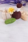 Massage Ball And Spa Aromatherapy Products On Wooden Background Stock Photo