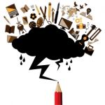 Black Cloud And Lightning Drawing By Red Pencil With Education A Stock Photo