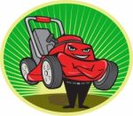 Lawn Mower Man Cartoon Oval Stock Photo
