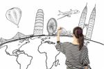 Asian Woman Drawing Or Writing Dream Travel Around The World Stock Photo