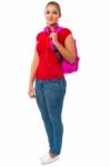 Pretty College Student Carrying Pink Backpack Stock Photo
