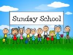 Sunday School Banner Indicates Youths Child And Faith Stock Photo