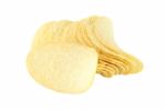 Row Of Potato Chip And Single On White Background Stock Photo