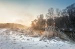 Winter Misty Morning On The River. Rural Foggy And Frosty Scene Stock Photo