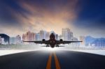 Jet Plane Take Off From Urban Airport Runways Use For Air Transp Stock Photo