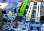 Computer Motherboard With Electronic Component Detail Background Stock Photo