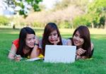 Young Students Group With Computer Studying In Spring Outdoors Stock Photo