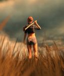 Survivor Woman Carrying An Axe In Field,fantasy Horror Stock Photo