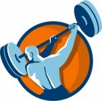Weightlifter Swinging Barbell Back View Circle Retro Stock Photo