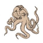 Hercules Fighting Giant Octopus Drawing Stock Photo
