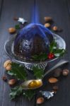 Christmas Pudding With Holly Twig Stock Photo