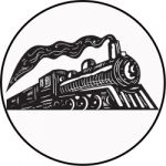 Steam Train Locomotive Coming Up Circle Woodcut Stock Photo