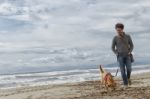 Man And Dog Walking On The Beach Stock Photo