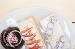 Selection Of Fresh Cream Cake Dessert Plate Stock Photo