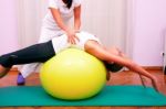 Exercises Control Basin Trunk With Bobath Ball Fitball Stabiliza Stock Photo