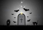 Halloween Gravestone Bat Coffin Cat  Stock Photo