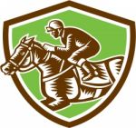 Jockey Horse Racing Shield Retro Woodcut Stock Photo