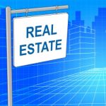 Real Estate Sign Represents For Sale And Buildings Stock Photo